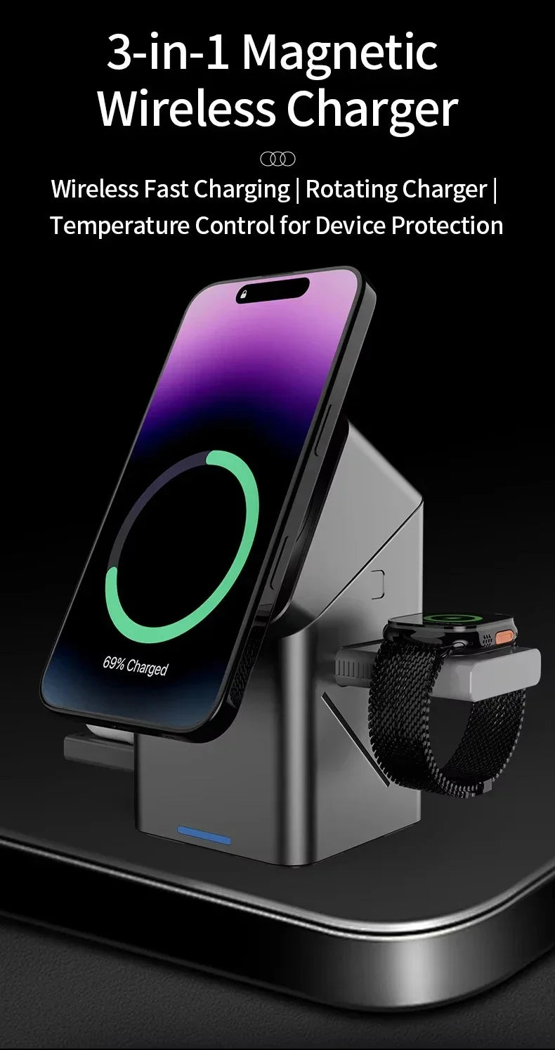 2025 3-in-1 Magnetic Wireless Charger For Iphone 16/15/14/13 Pro Max, Iwatch  Airpods Auto Touchcharger